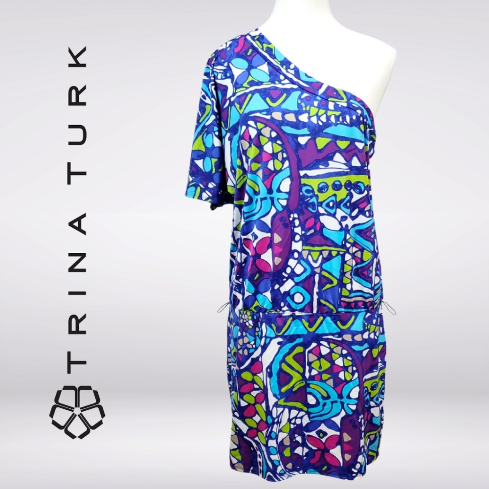 Trina Turk Multi Color Short Sleeve One Arm Summer Mini Dress Size XL? Beach